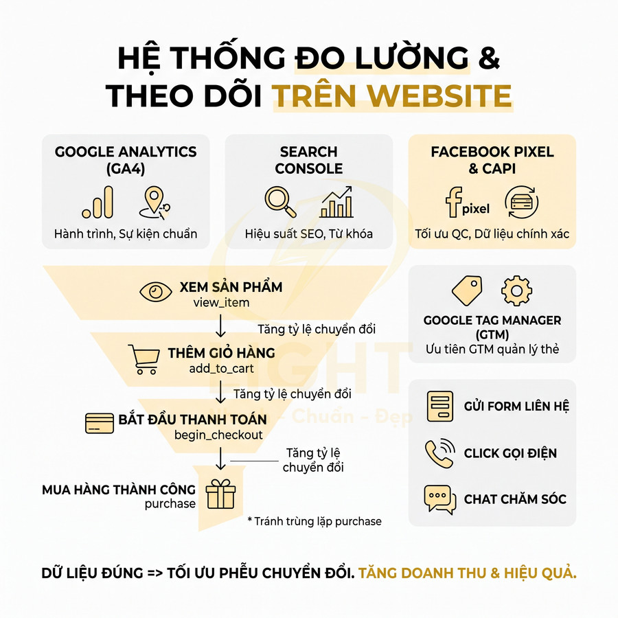 Sơ đồ hệ thống đo lường theo dõi website với Google Analytics GA4, Search Console, Facebook Pixel và Google Tag Manager