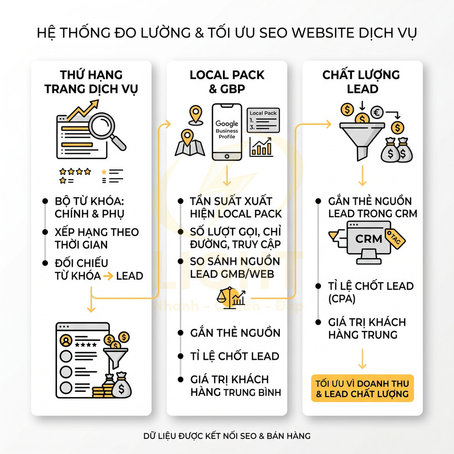 Hệ thống đo lường và tối ưu SEO website dịch vụ, theo dõi thứ hạng, local pack và chất lượng lead