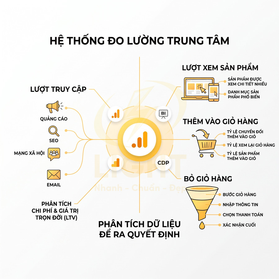 Hệ thống đo lường trung tâm CDP phân tích dữ liệu truy cập, xem sản phẩm, thêm và bỏ giỏ hàng cho marketing