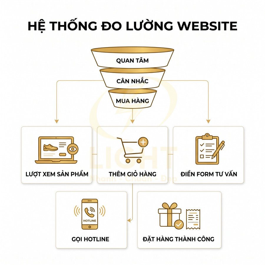 Sơ đồ phễu đo lường website từ lượt xem sản phẩm, thêm giỏ hàng đến đặt hàng thành công