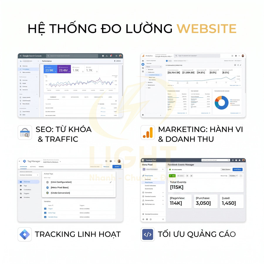 Hệ thống đo lường website với Google Search Console, Google Analytics, Tag Manager và Meta Pixel để tối ưu SEO và quảng cáo