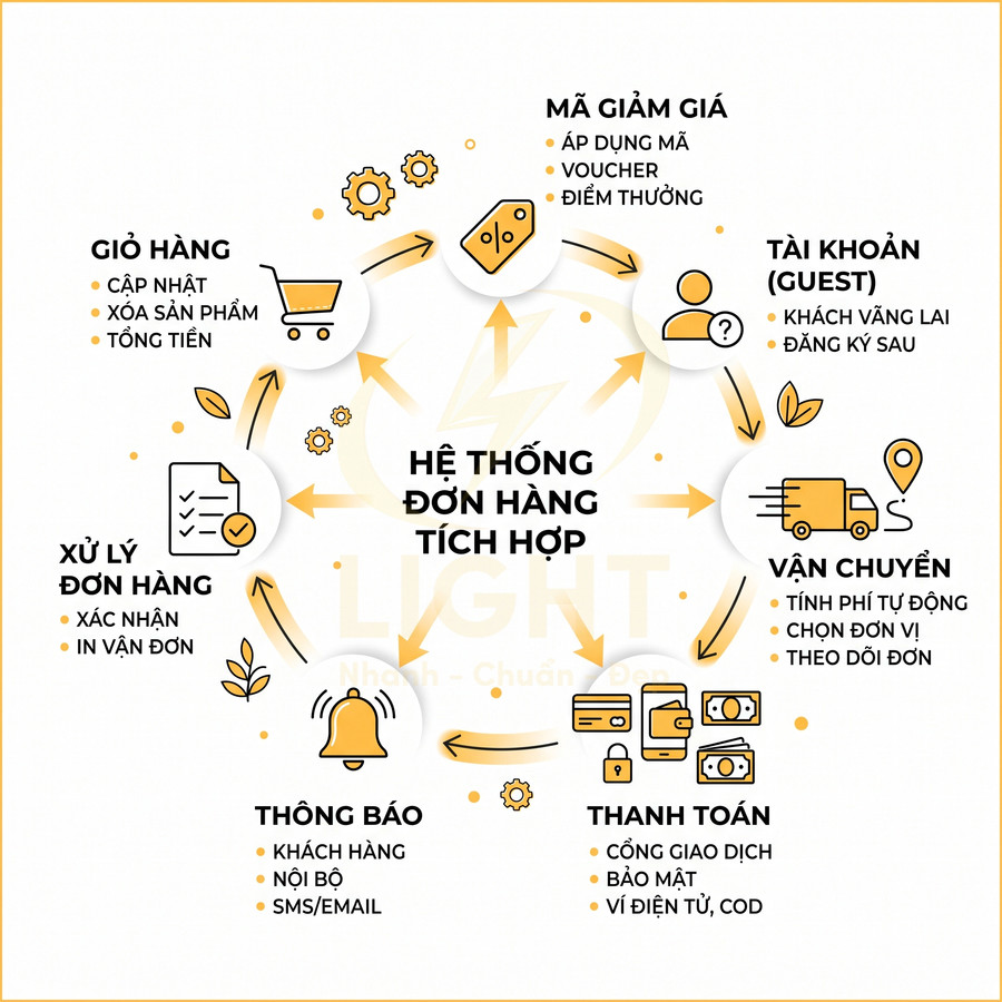 Sơ đồ hệ thống đơn hàng tích hợp cho website bán hàng với các bước giỏ hàng, thanh toán, vận chuyển, thông báo