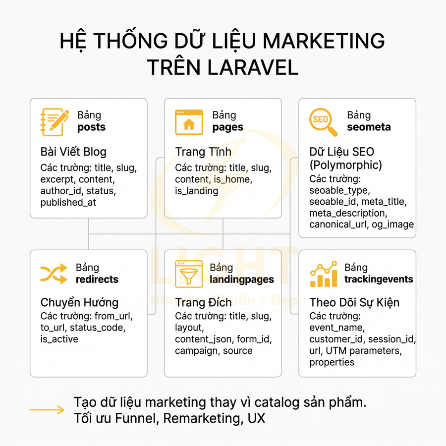 Sơ đồ hệ thống dữ liệu marketing trên Laravel với các bảng posts, pages, seometa, redirects, landingpages, trackingevents