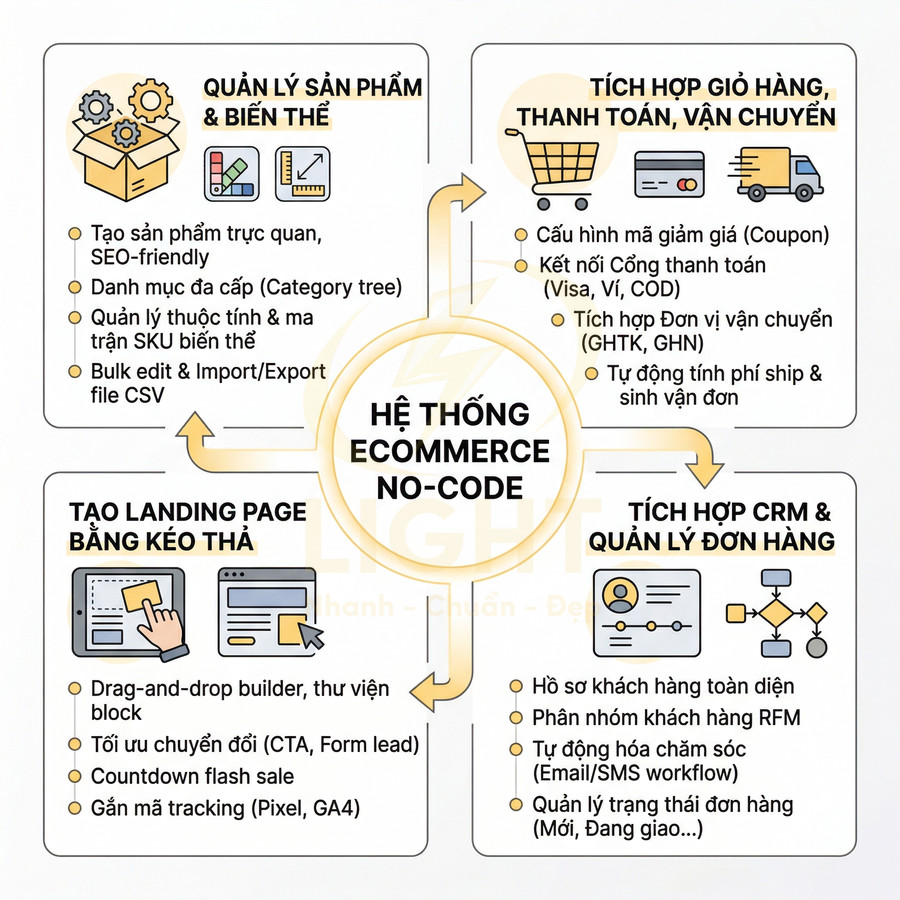 Sơ đồ tính năng hệ thống ecommerce no code: quản lý sản phẩm, landing page kéo thả, giỏ hàng, thanh toán, CRM, đơn hàng