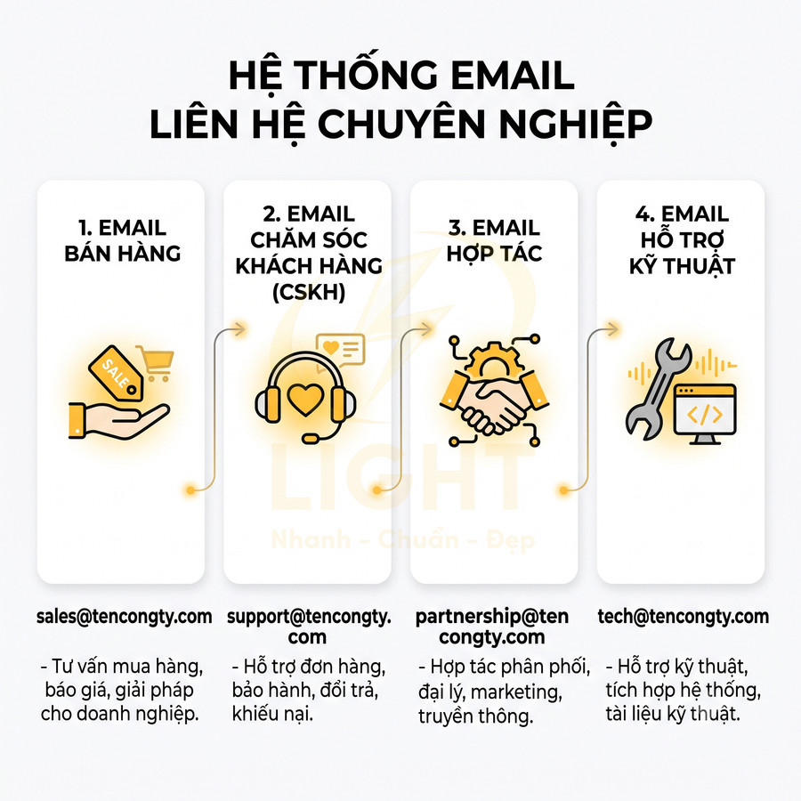 Hệ thống email liên hệ chuyên nghiệp cho doanh nghiệp gồm bán hàng, CSKH, hợp tác và hỗ trợ kỹ thuật