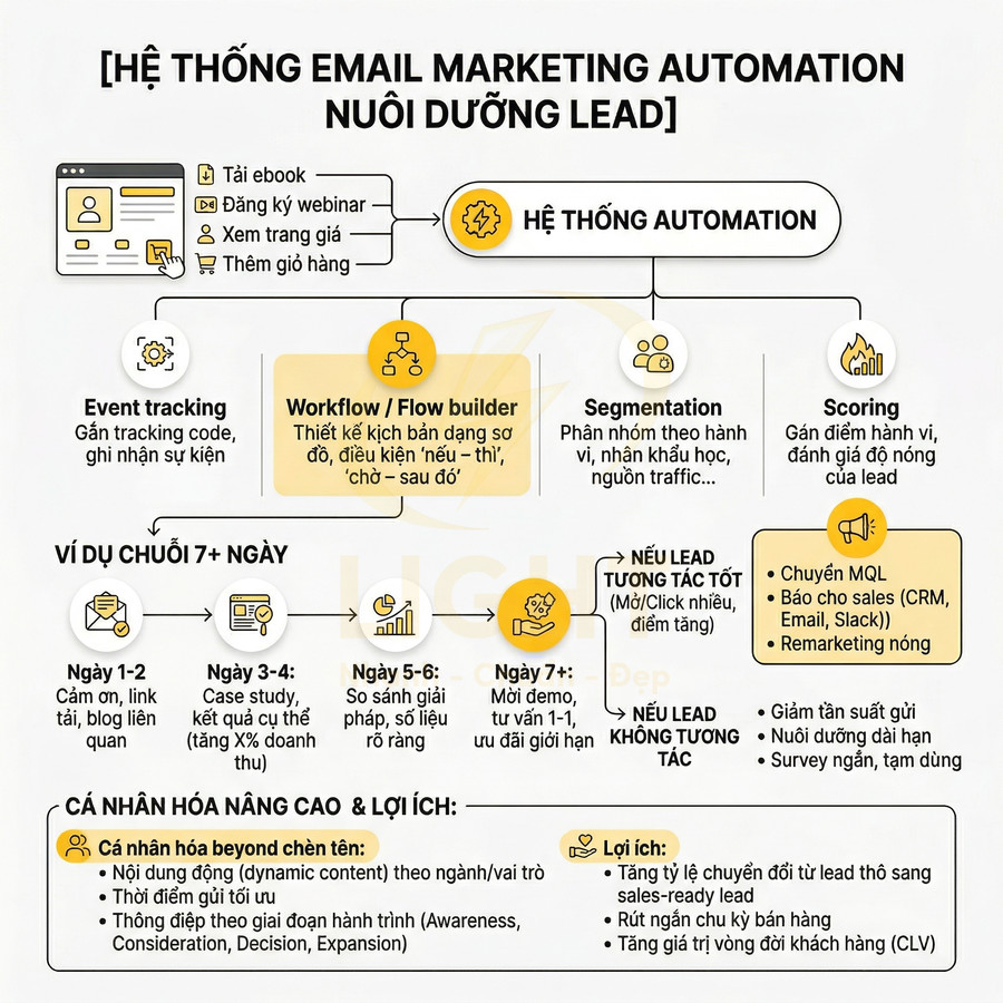 Sơ đồ hệ thống email marketing automation nuôi dưỡng lead với các bước tracking, workflow, segmentation và scoring