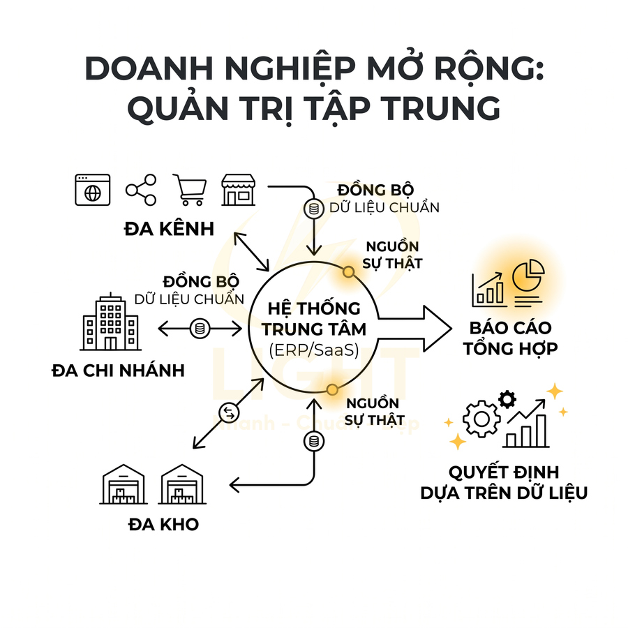 Sơ đồ hệ thống trung tâm ERP SaaS giúp doanh nghiệp đa kênh, đa chi nhánh, đa kho đồng bộ dữ liệu và ra quyết định dựa trên dữ liệu
