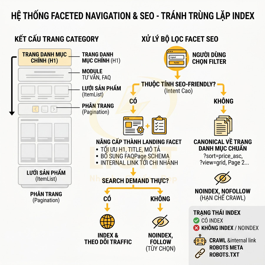 Sơ đồ hệ thống faceted navigation và SEO tránh trùng lặp index cho trang danh mục sản phẩm
