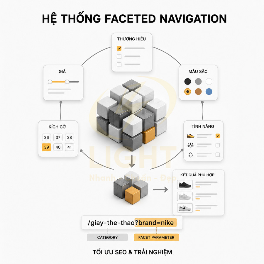 Minh họa hệ thống faceted navigation lọc giày thể thao Nike theo giá kích cỡ màu sắc tính năng