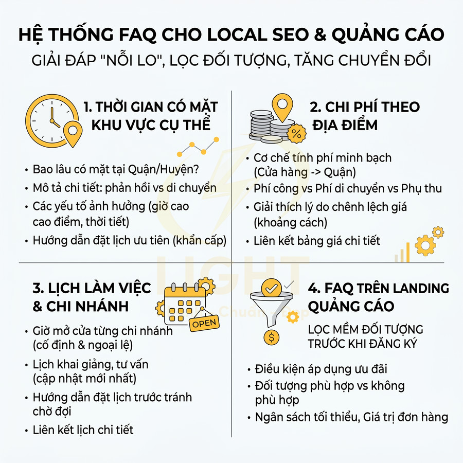 Hệ thống FAQ cho local SEO và quảng cáo với 4 nhóm câu hỏi về thời gian, chi phí, lịch làm việc và lọc khách hàng