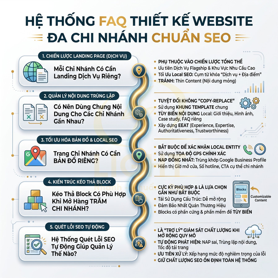 Infographic hệ thống FAQ thiết kế website đa chi nhánh chuẩn SEO với các bước tối ưu nội dung và local SEO