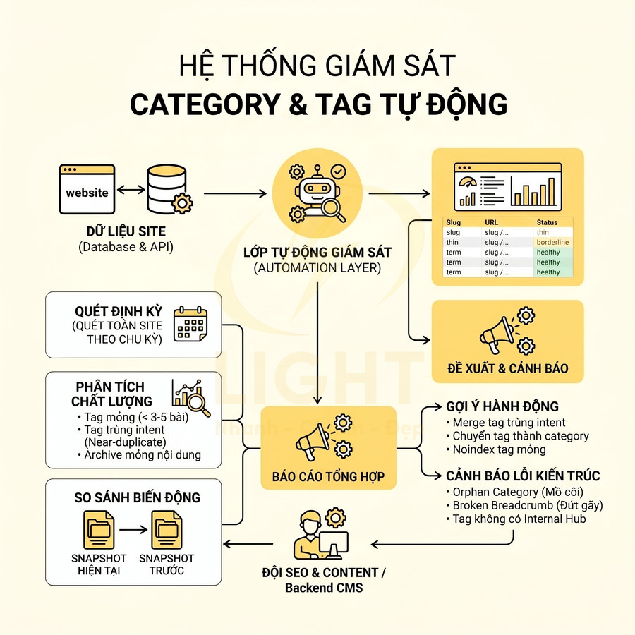 Sơ đồ hệ thống giám sát category và tag tự động cho website, hỗ trợ báo cáo và tối ưu SEO nội dung