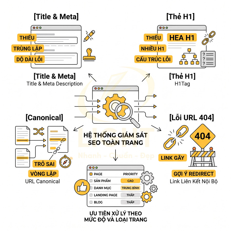 Minh họa hệ thống giám sát SEO toàn trang với kiểm tra title, meta, thẻ H1, canonical và lỗi URL 404
