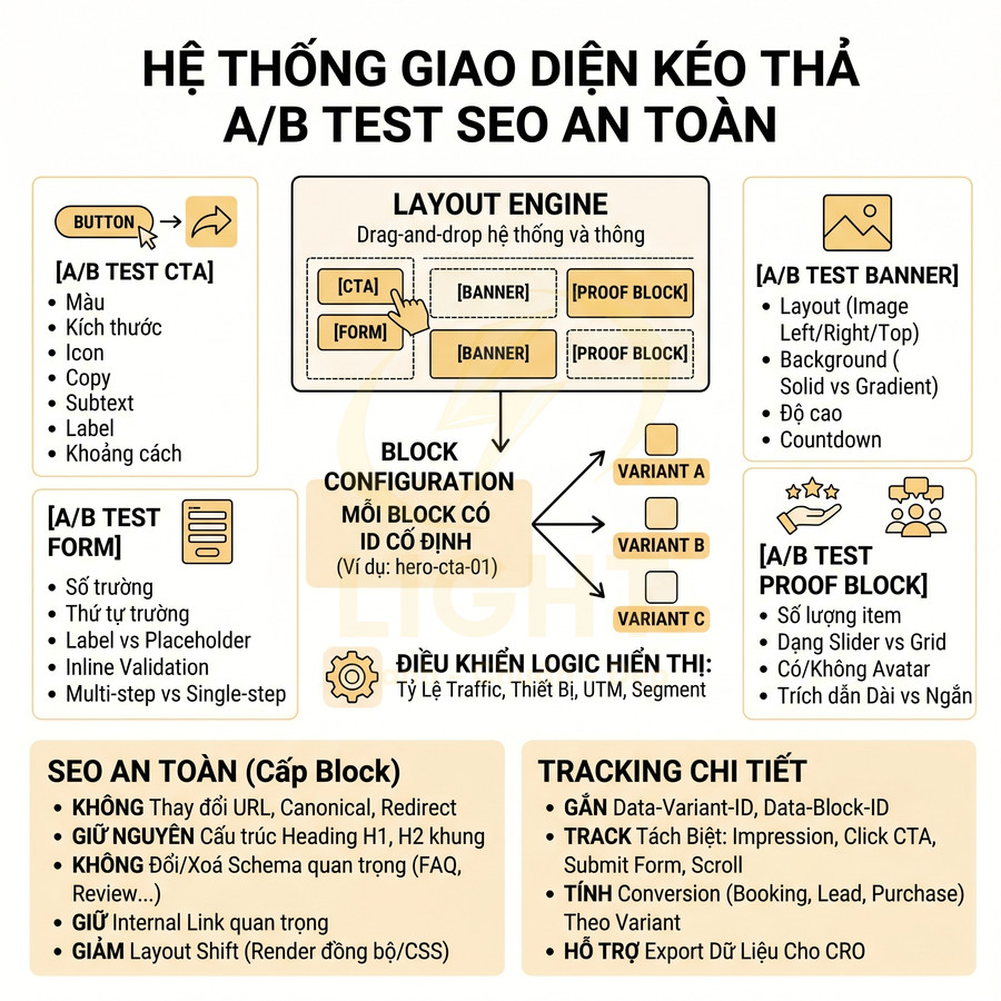 Sơ đồ hệ thống giao diện kéo thả A/B test SEO an toàn với các block CTA, form, banner và proof block