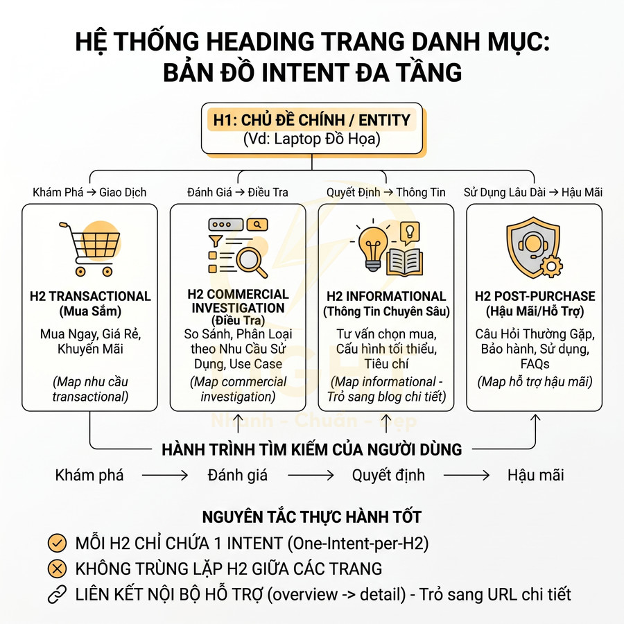 Sơ đồ hệ thống heading trang danh mục với các H2 theo intent transactional, commercial, informational, post purchase