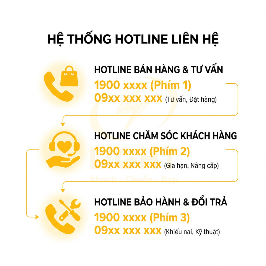 Hệ thống hotline liên hệ bán hàng, chăm sóc khách hàng, bảo hành và đổi trả với các số 1900 và 09xx