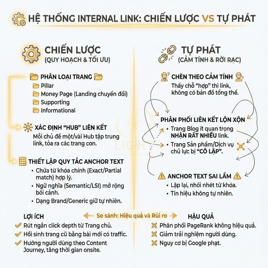 Hệ thống internal link chiến lược vs tự phát, so sánh cách phân loại trang, hub liên kết, anchor text và hậu quả SEO