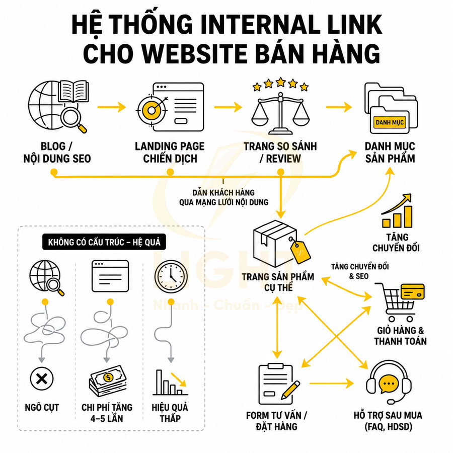 Sơ đồ hệ thống internal link tối ưu chuyển đổi cho website bán hàng và trang sản phẩm cụ thể