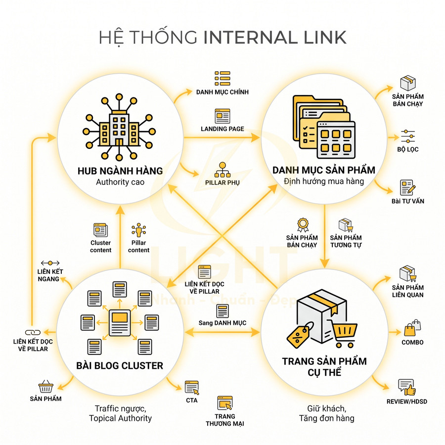 Sơ đồ hệ thống internal link cho website bán hàng với hub ngành hàng, blog, danh mục và trang sản phẩm cụ thể