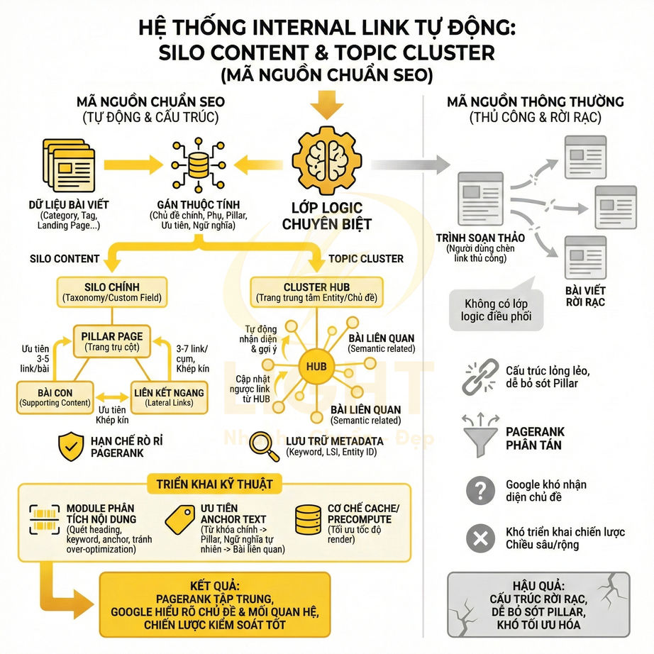 Sơ đồ hệ thống internal link tự động silo content và topic cluster tối ưu cấu trúc website chuẩn SEO