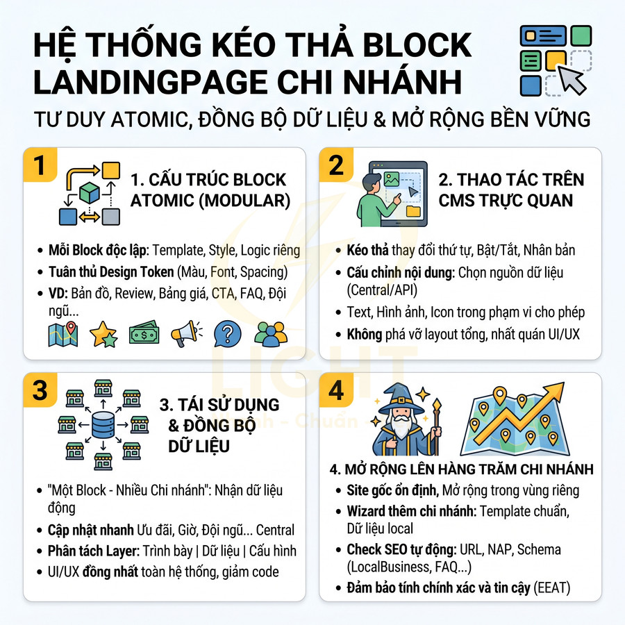 Hệ thống kéo thả block landing page chi nhánh với cấu trúc atomic, tái sử dụng và đồng bộ dữ liệu trên CMS
