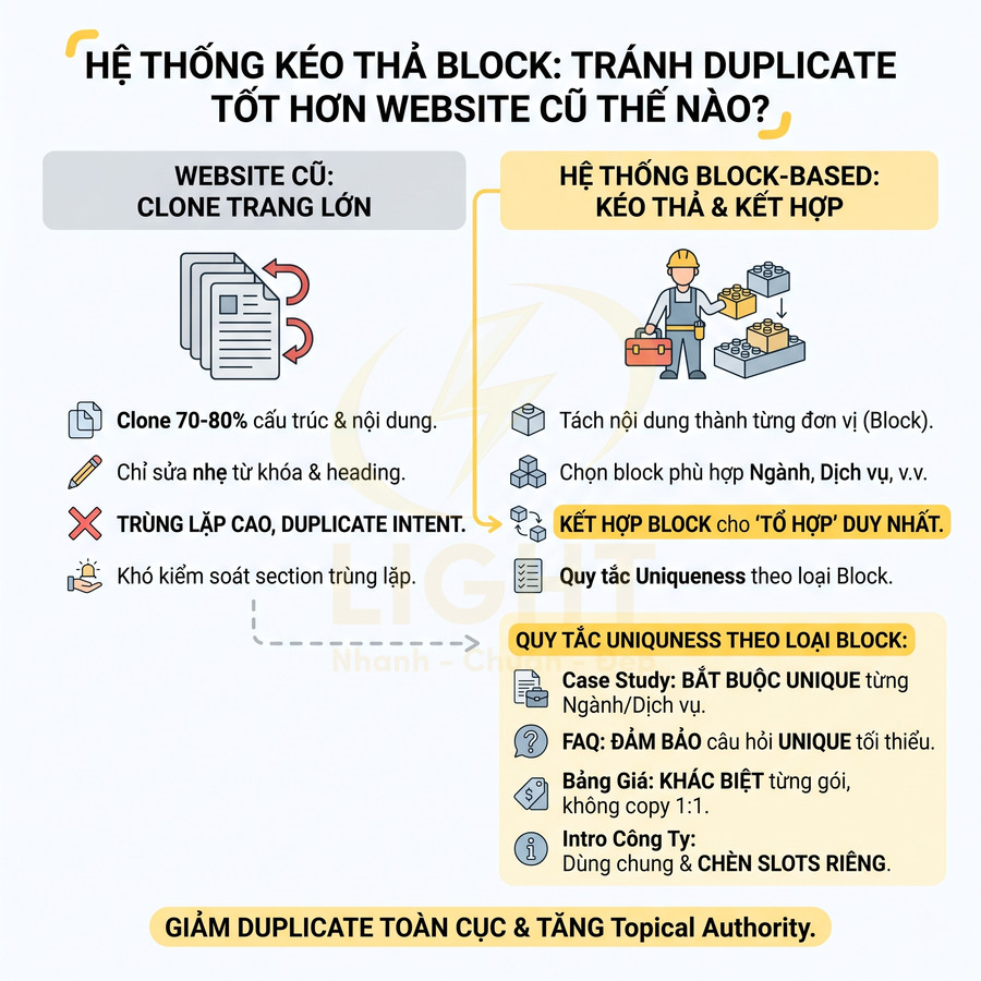 Infographic hệ thống kéo thả block giúp giảm duplicate nội dung website và tăng topical authority