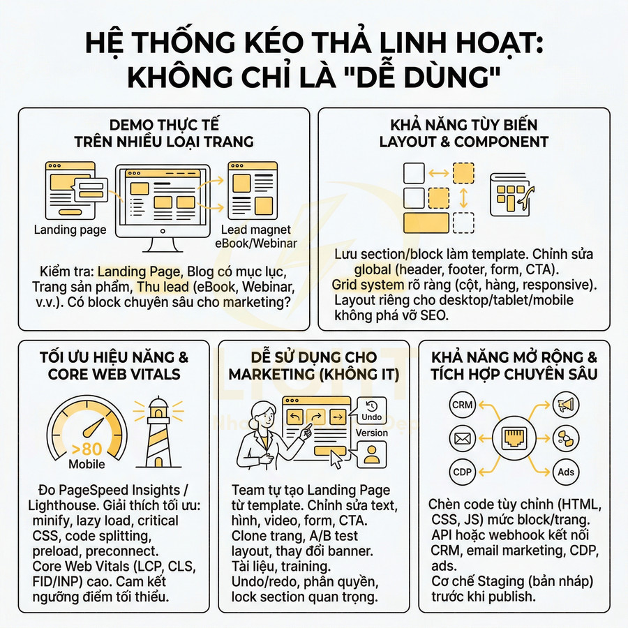 Hệ thống kéo thả xây dựng landing page linh hoạt, tối ưu hiệu năng, dễ dùng cho marketing và tích hợp CRM, email, quảng cáo