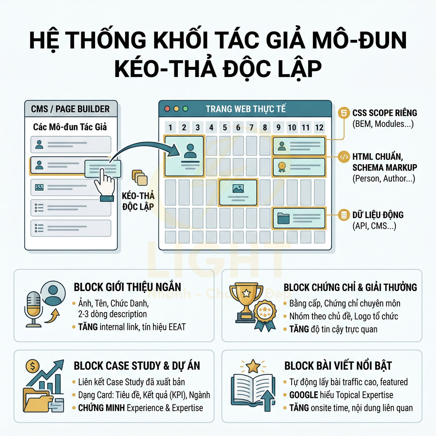 Hệ thống khối tác giả mô đun kéo thả độc lập trong CMS tối ưu hiển thị tác giả trên trang web