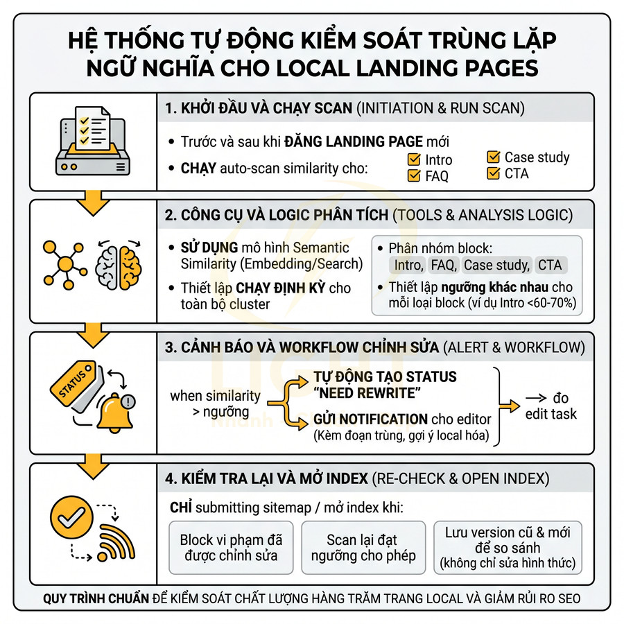 Sơ đồ hệ thống tự động kiểm soát trùng lặp ngữ nghĩa cho local landing pages trong quy trình SEO