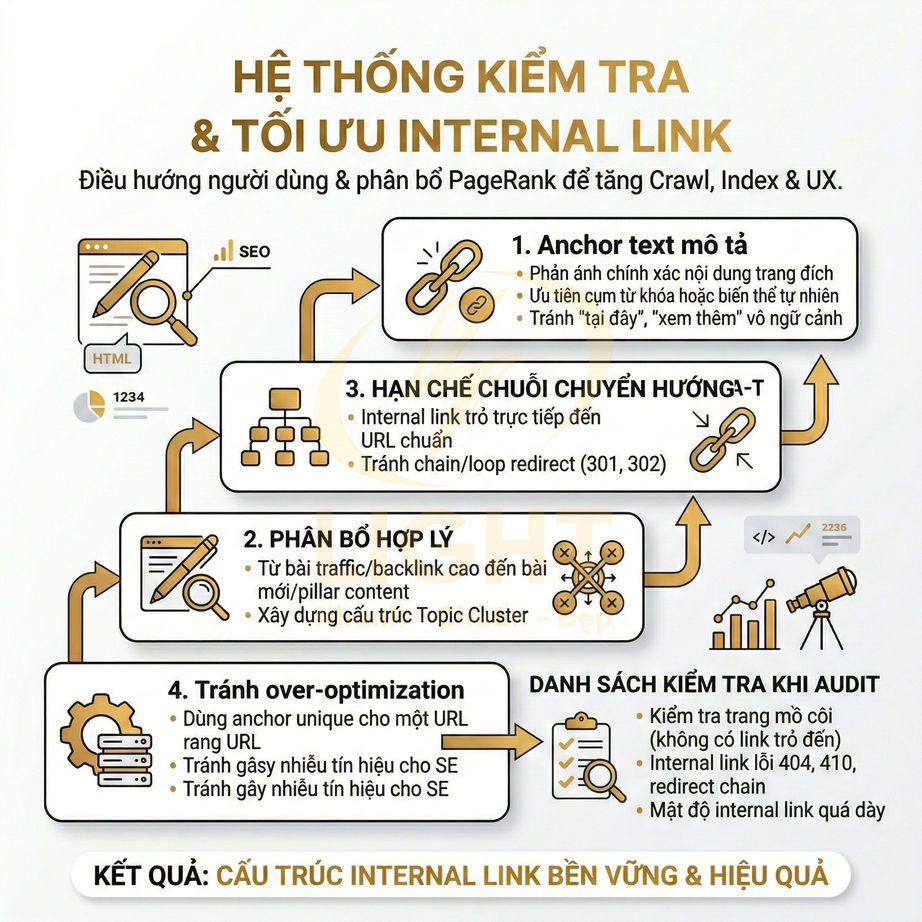 Infographic quy trình kiểm tra và tối ưu internal link SEO với các bước anchor text, phân bổ link, hạn chế redirect