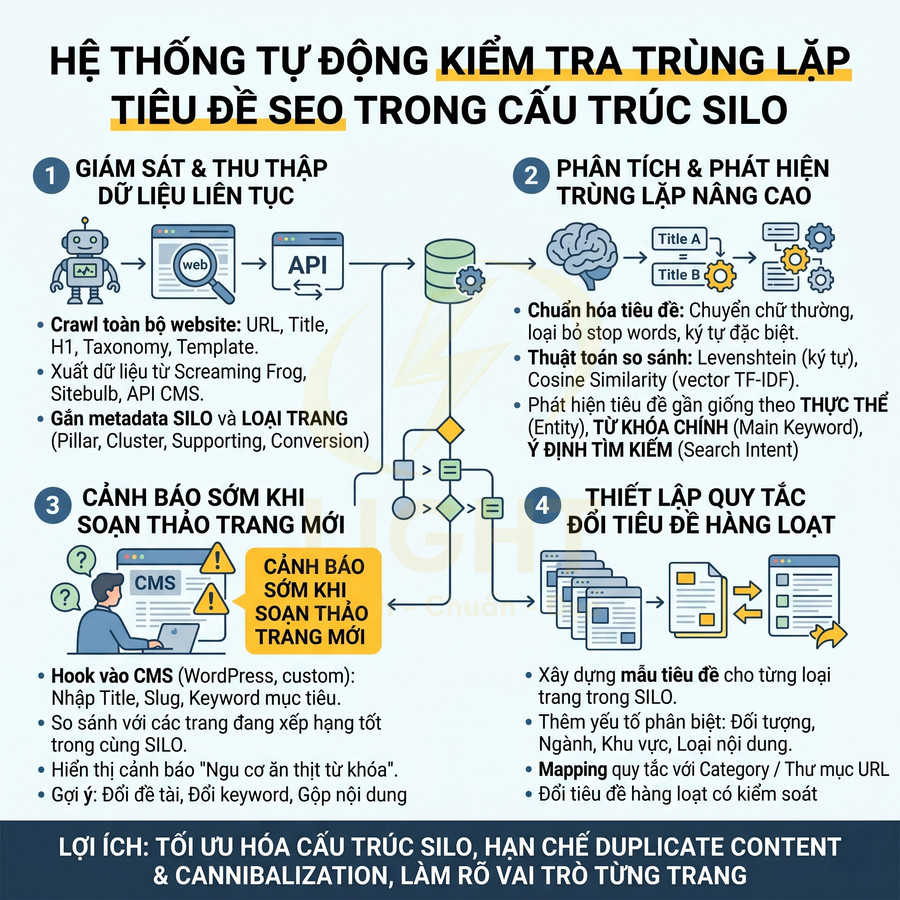 Hệ thống tự động kiểm tra trùng lặp tiêu đề SEO trong cấu trúc silo với các bước giám sát và cảnh báo