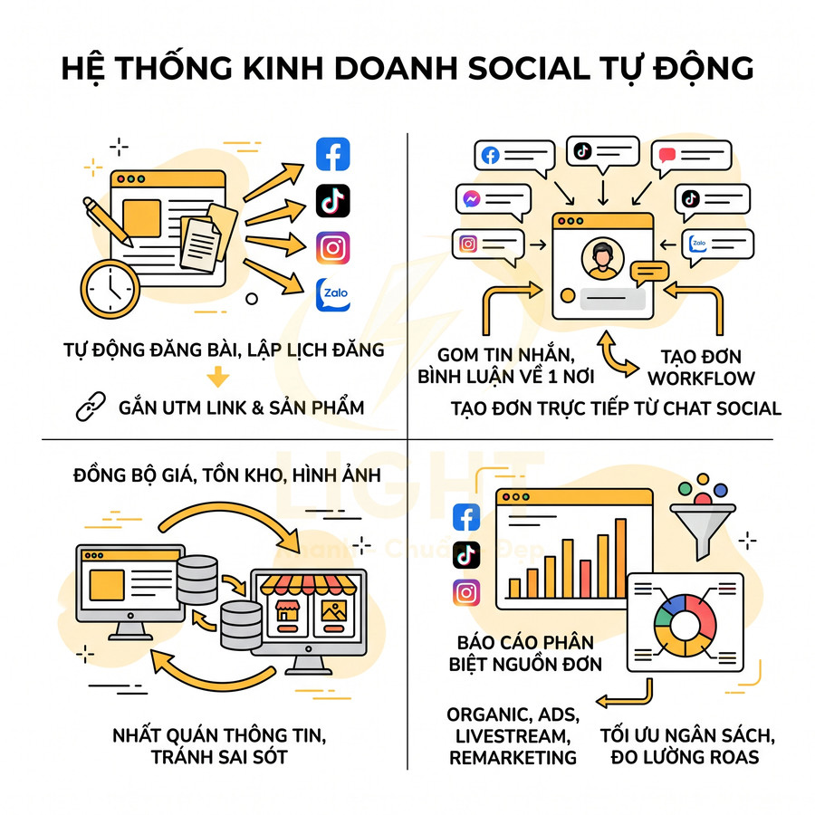 Hệ thống kinh doanh social tự động quản lý đăng bài, chat, đồng bộ dữ liệu và báo cáo trên Facebook, Instagram, Zalo, TikTok