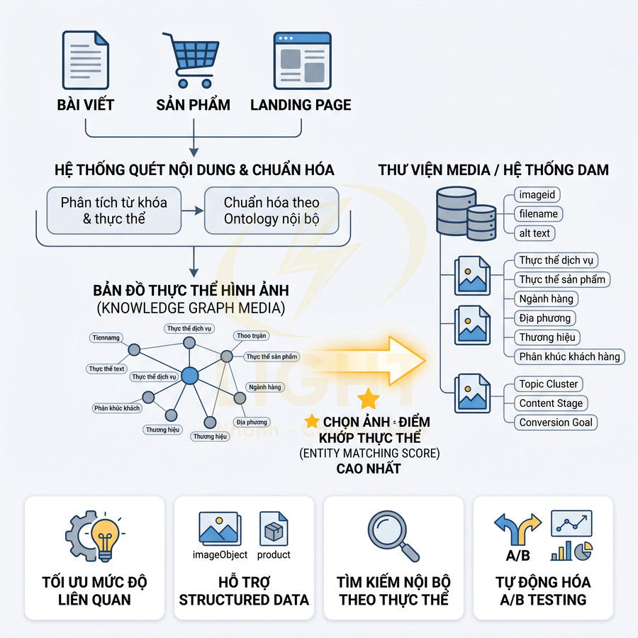 Sơ đồ quy trình tối ưu hình ảnh sản phẩm bằng bản đồ tri thức media và hệ thống DAM cho SEO