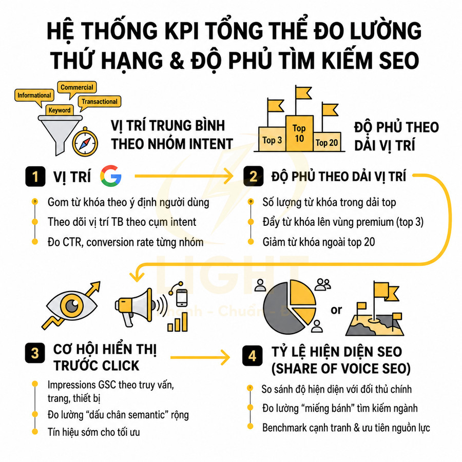 Infographic hệ thống KPI đo lường thứ hạng và độ phủ tìm kiếm SEO với bốn nhóm chỉ số chính