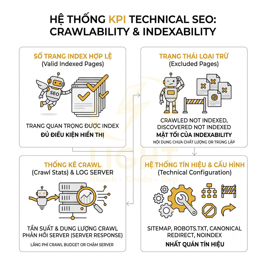 Infographic hệ thống KPI Technical SEO về crawlability và indexability với robot SEO và các mục index, loại trừ, crawl, cấu hình