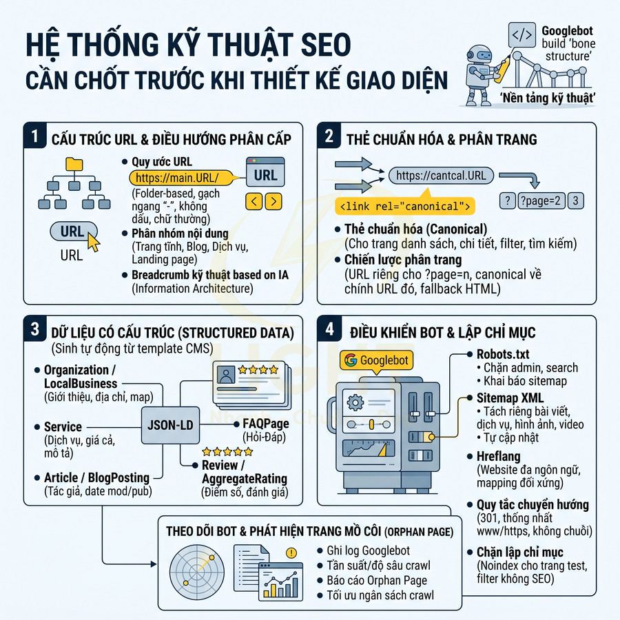 Hệ thống kỹ thuật SEO cần chốt trước khi thiết kế giao diện website, gồm cấu trúc URL, thẻ canonical, dữ liệu cấu trúc, robots.txt