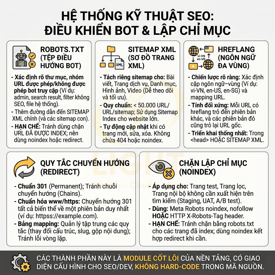 Infographic hệ thống kỹ thuật SEO điều khiển bot và lập chỉ mục với robots.txt sitemap XML hreflang redirect noindex