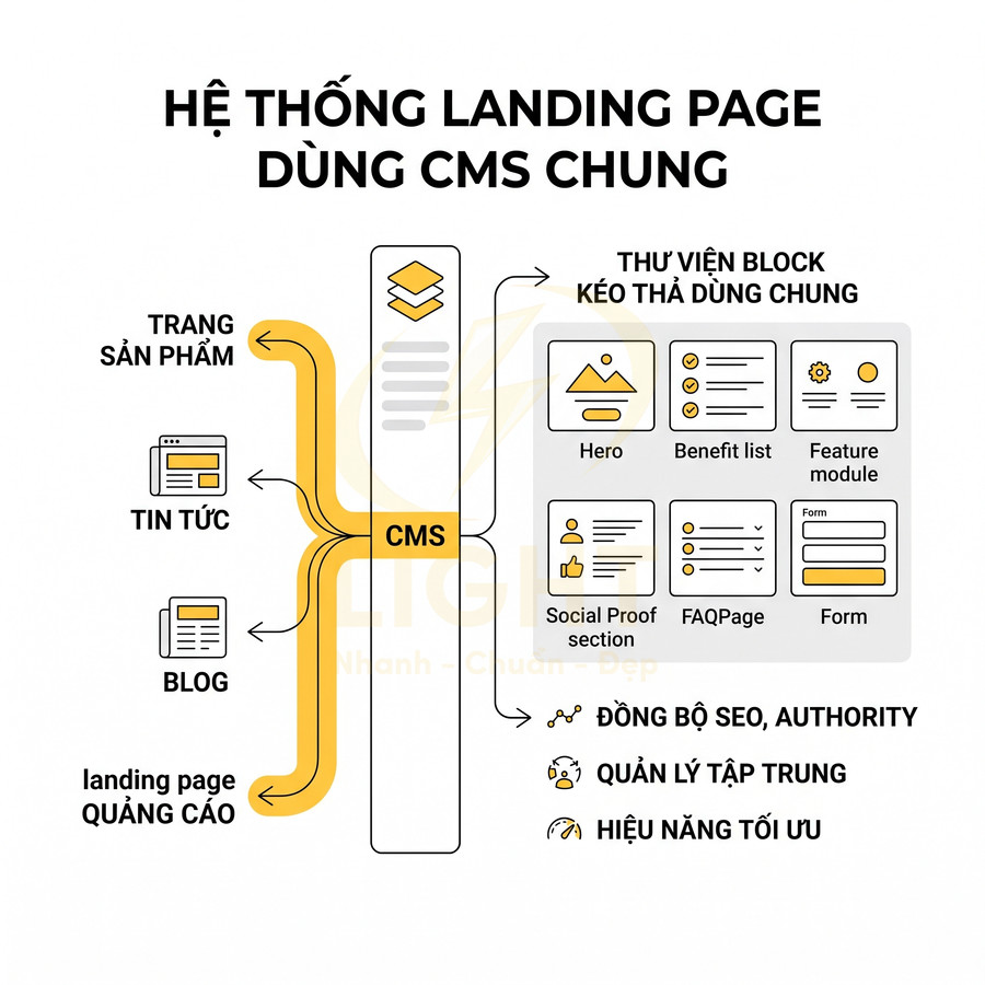 Sơ đồ hệ thống landing page dùng CMS chung với thư viện block kéo thả và lợi ích SEO, quản lý tập trung, hiệu năng tối ưu