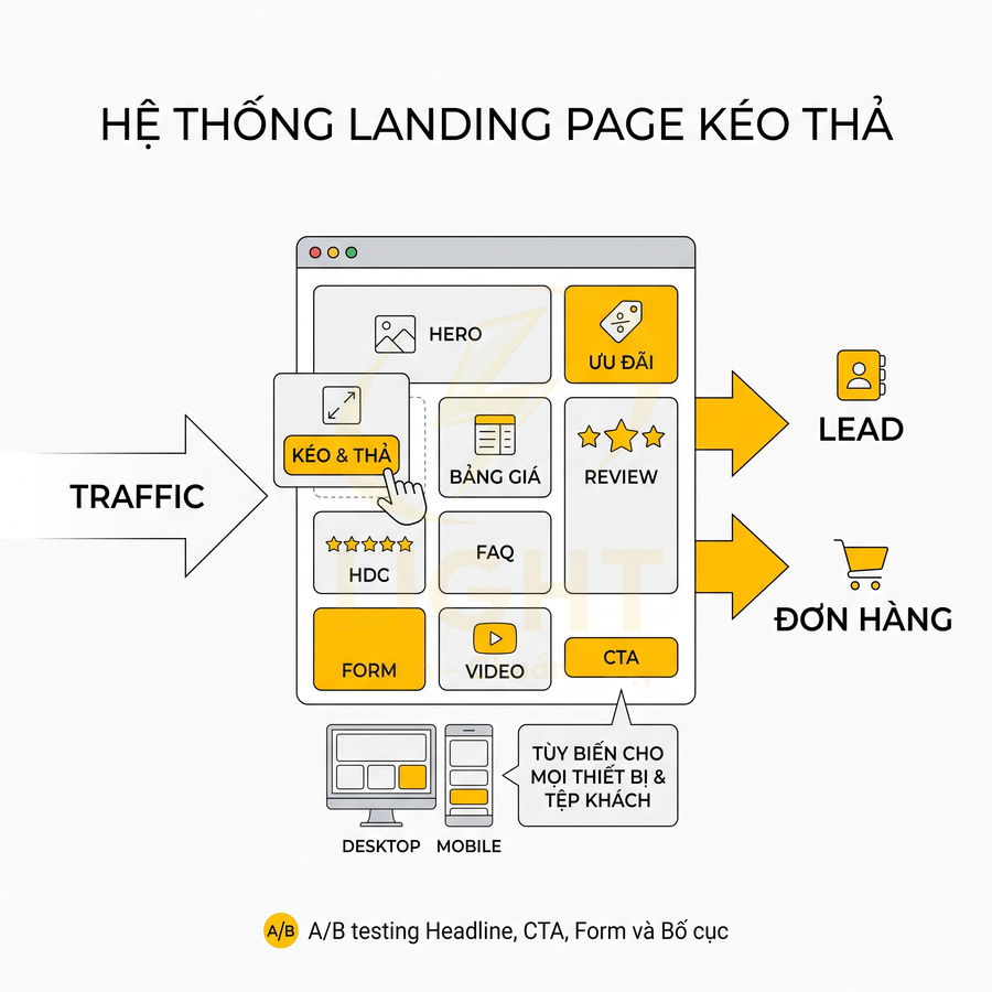 Mô hình hệ thống landing page kéo thả với các khối nội dung tối ưu chuyển đổi lead và đơn hàng