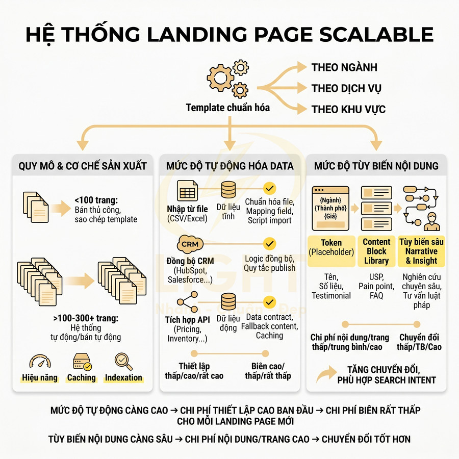 Sơ đồ hệ thống landing page scalable với các mức độ tự động hóa data và tùy biến nội dung