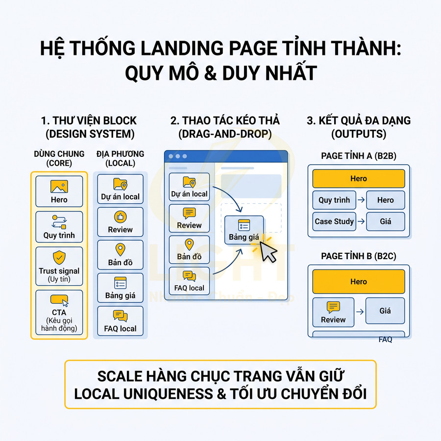 Mô hình hệ thống landing page tỉnh thành với thư viện block kéo thả và các bố cục trang B2B, B2C