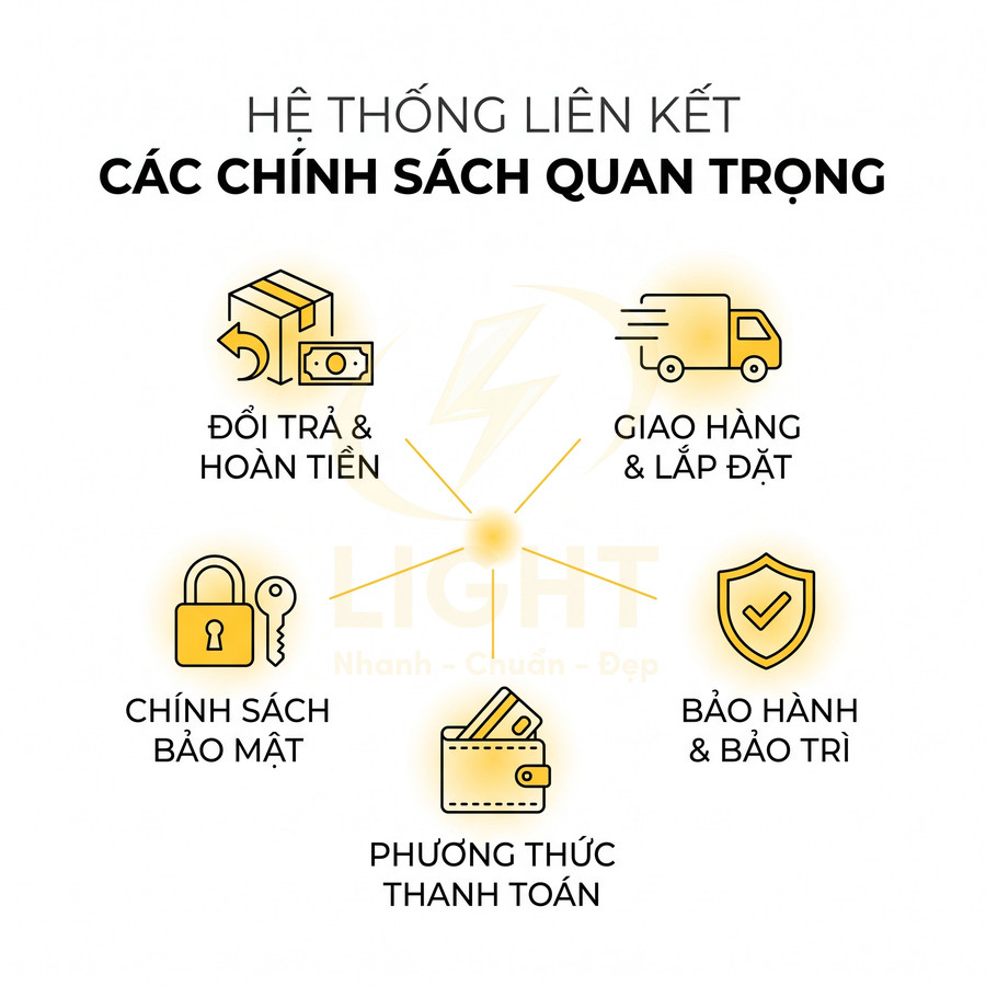 Hệ thống liên kết chính sách đổi trả hoàn tiền, giao hàng lắp đặt, bảo mật, thanh toán, bảo hành bảo trì
