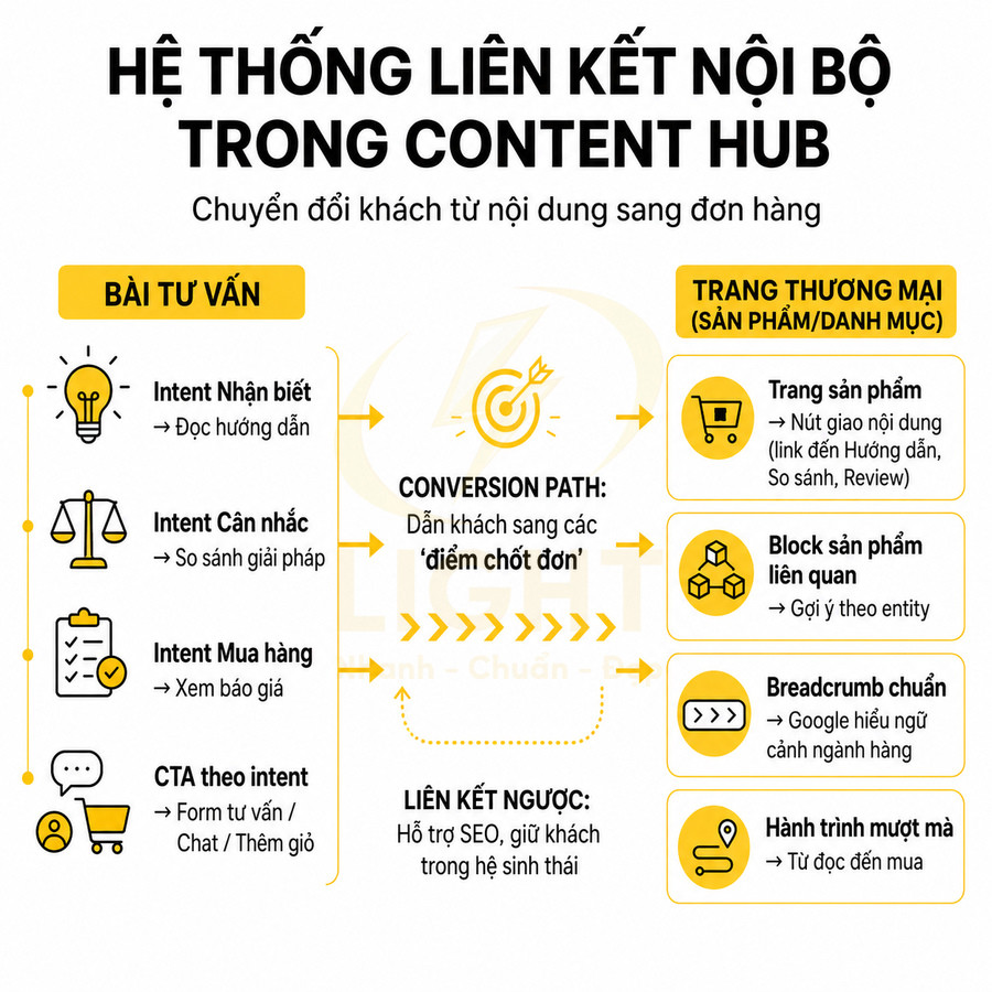 Mô hình hệ thống liên kết nội bộ trong content hub chuyển khách từ bài tư vấn sang trang sản phẩm và hành trình mua hàng