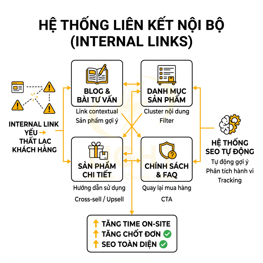 Sơ đồ hệ thống liên kết nội bộ website với blog, danh mục, sản phẩm chi tiết, chính sách và hệ thống SEO tự động
