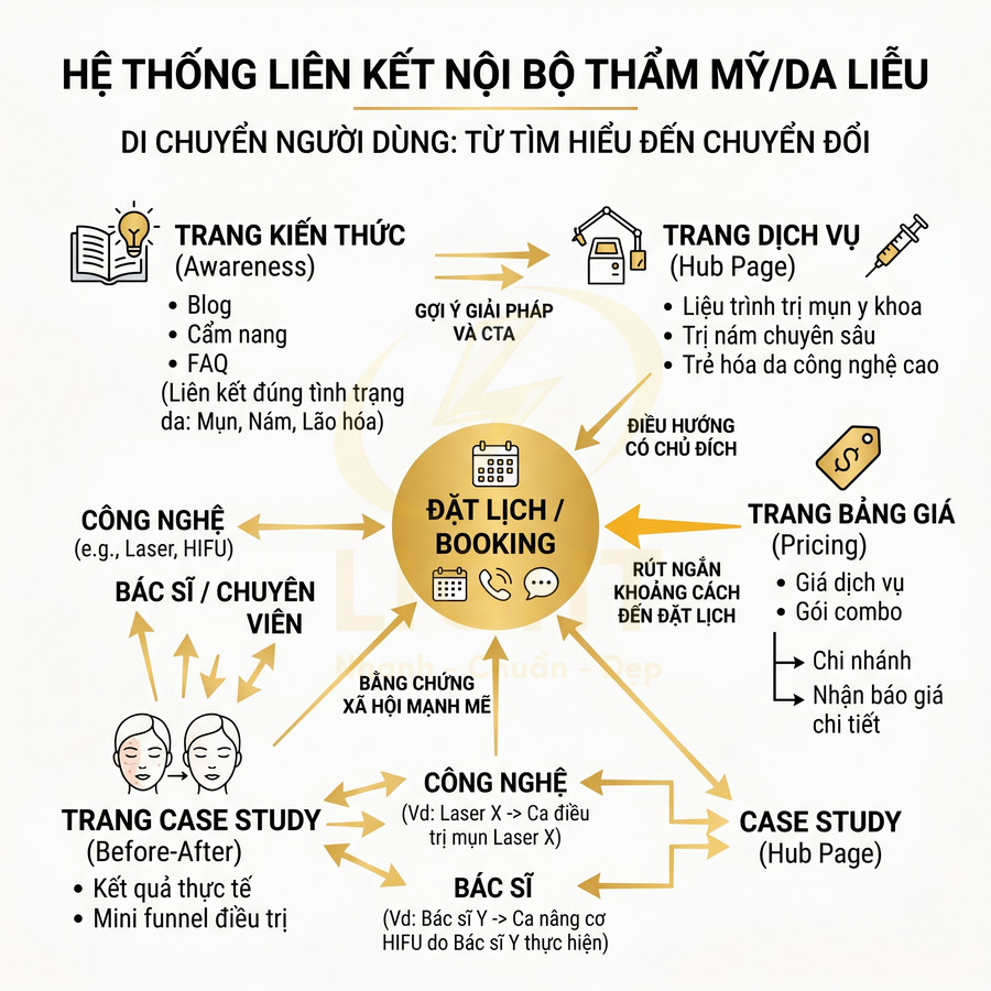 Sơ đồ hệ thống liên kết nội bộ thẩm mỹ da liễu dẫn người dùng từ trang kiến thức đến đặt lịch booking