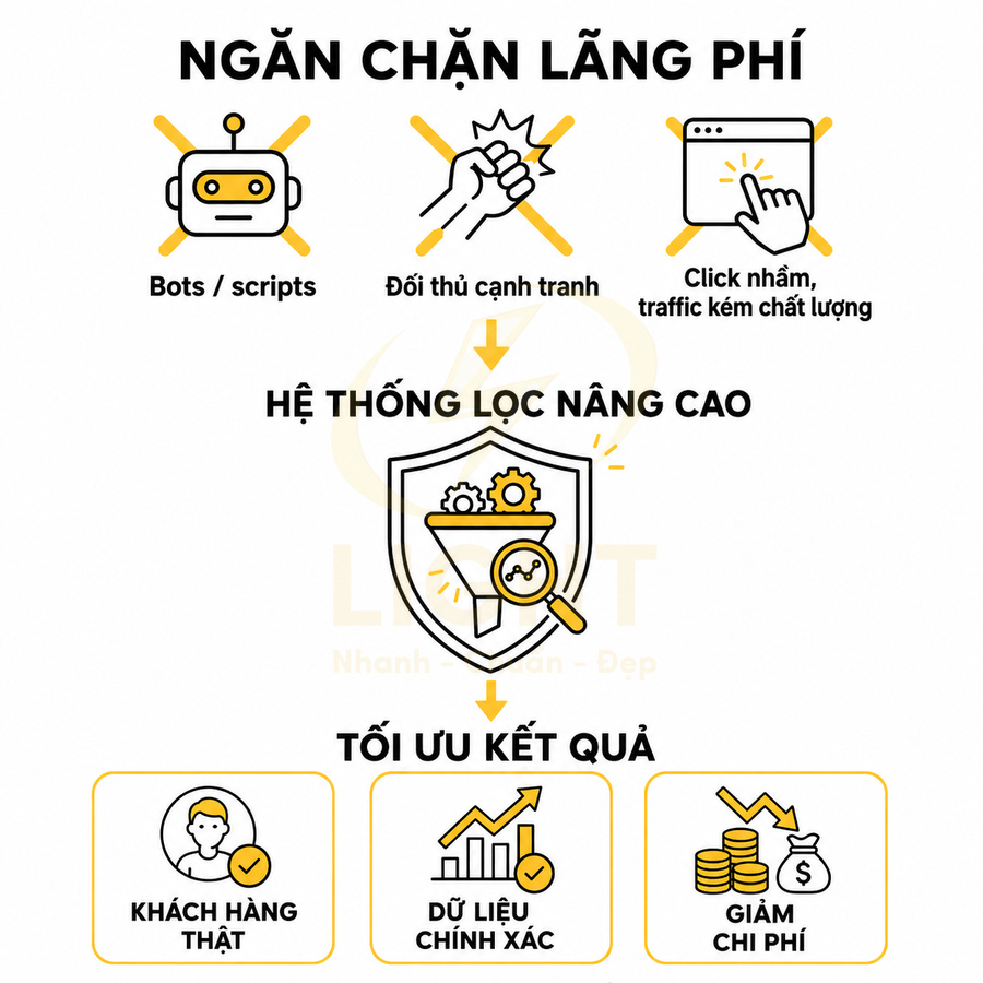 Hệ thống lọc click nâng cao chặn bot và traffic kém chất lượng giúp tối ưu khách hàng thật và giảm chi phí quảng cáo