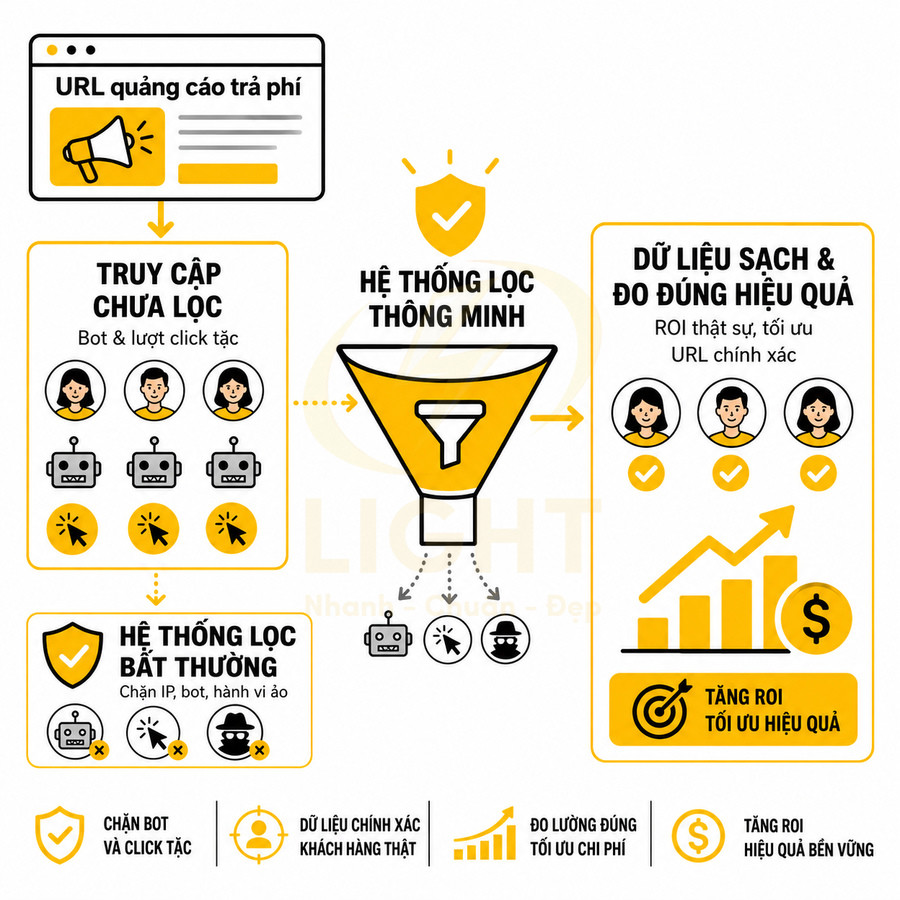 Mô tả hệ thống lọc thông minh chặn bot click tặc, giữ dữ liệu truy cập sạch để tối ưu quảng cáo và tăng ROI