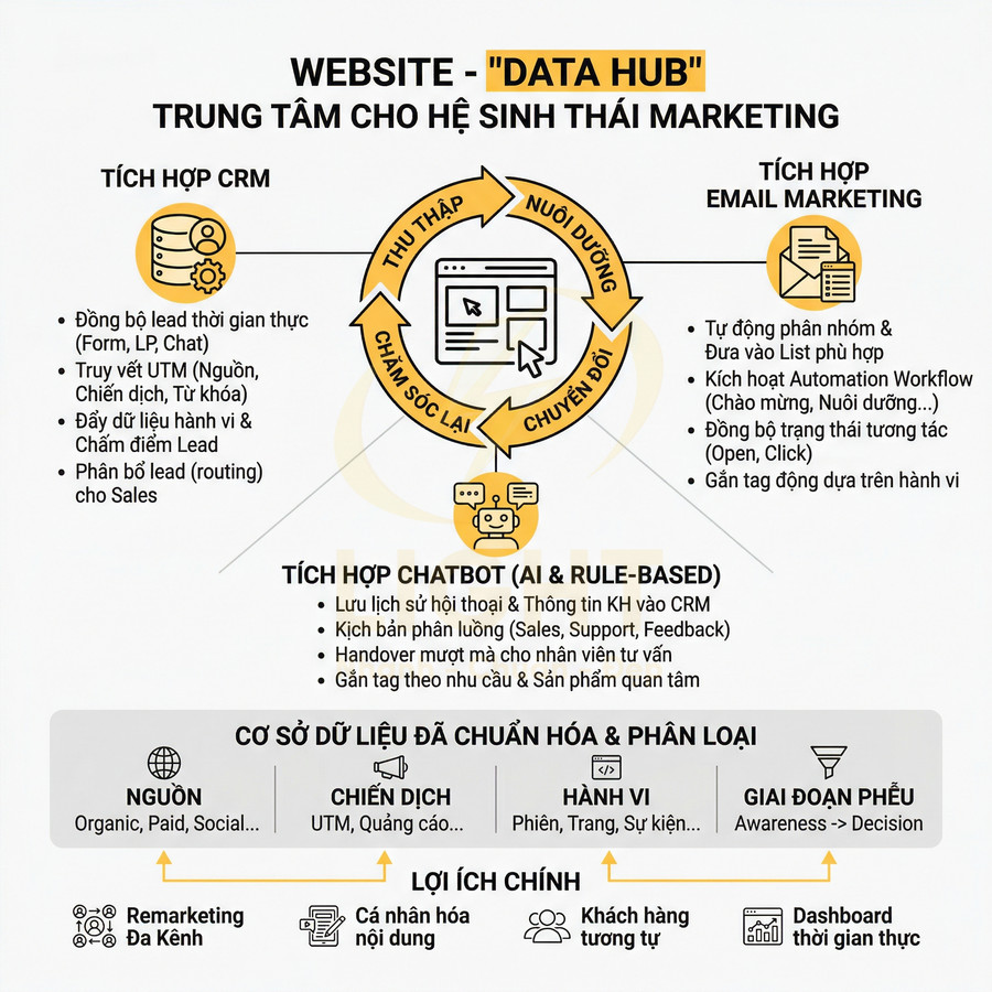 Sơ đồ hệ thống marketing tích hợp website với CRM, email marketing automation và chatbot để quản lý lead và dữ liệu khách hàng