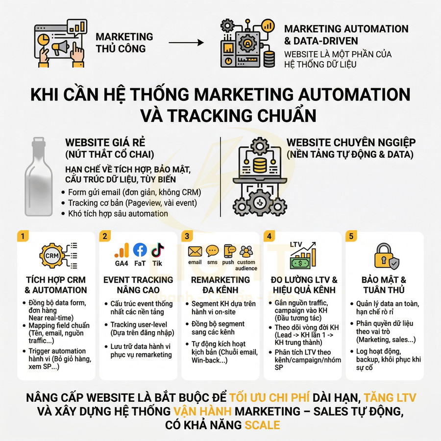 Infographic so sánh website giá rẻ và website chuyên nghiệp cho hệ thống marketing automation và tracking chuẩn