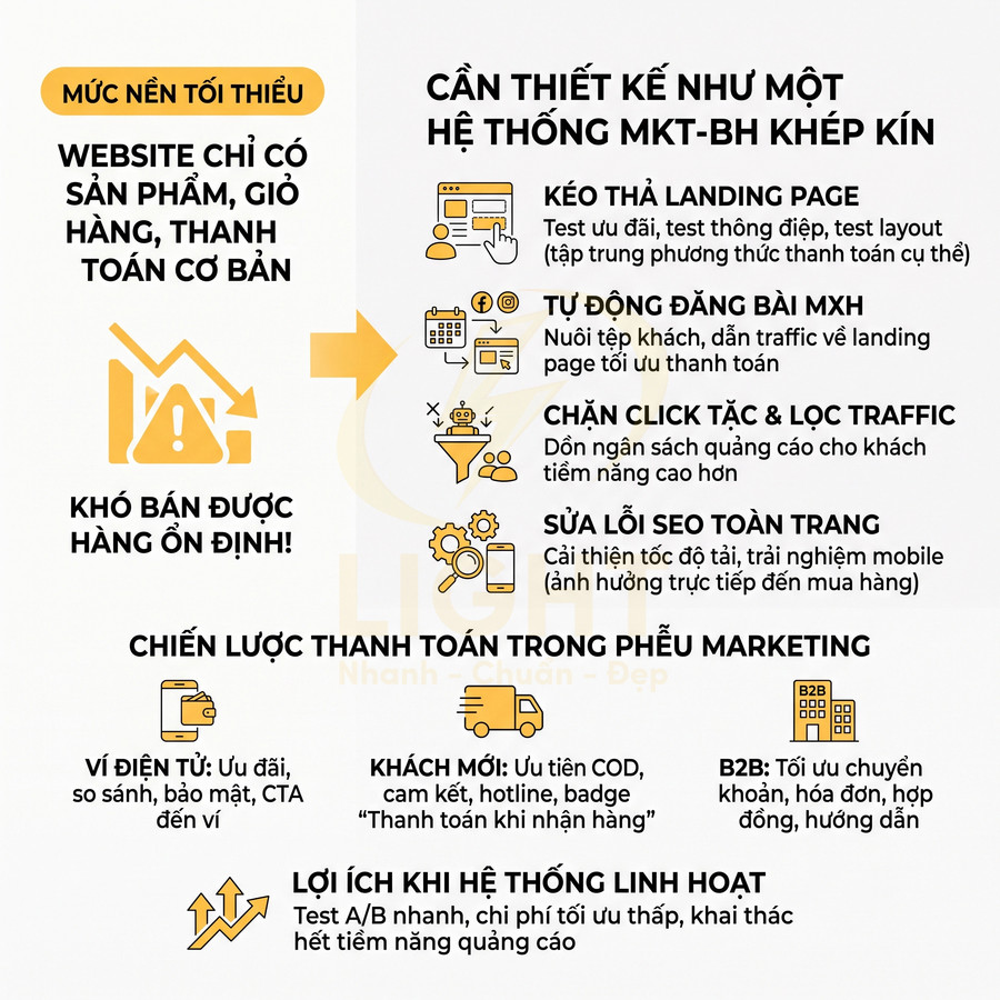 Infographic chiến lược thanh toán trong phễu marketing và tối ưu hệ thống MKT bán hàng online